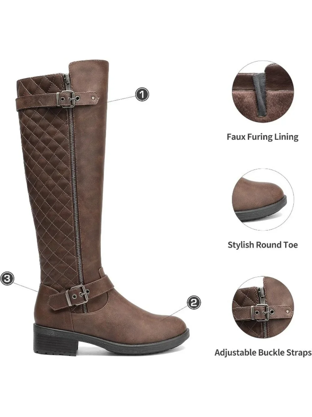 Women's Brown Faux Leather Chunky Block Heel Round Toe Side Zip Knee High Boots